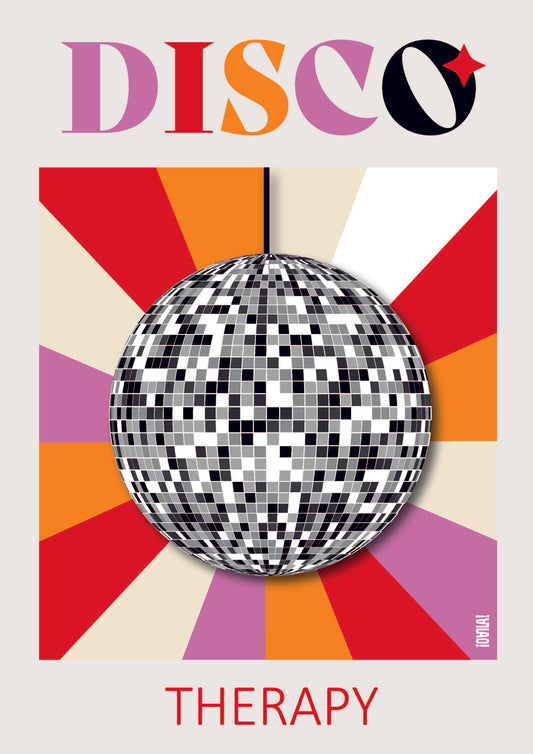 Affiche avec le design d'une boule disco et des traits de couleurs. Et la phrase disco therapy.